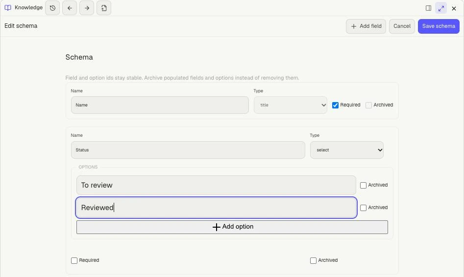Knowledge database schema editor with a required title field and Status select choices.