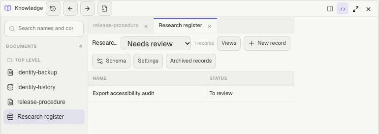 Research register with Needs review selected and one row whose status is To review.