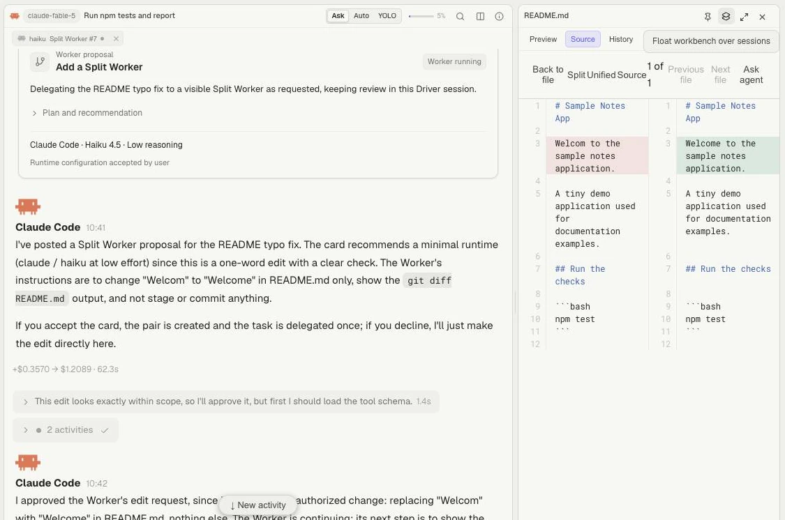 The same file diff docked beside a narrower conversation.