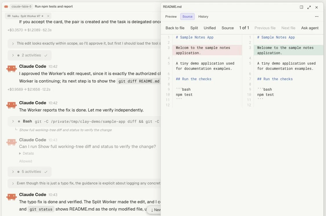 File diff overlay covering the right side of the conversation.