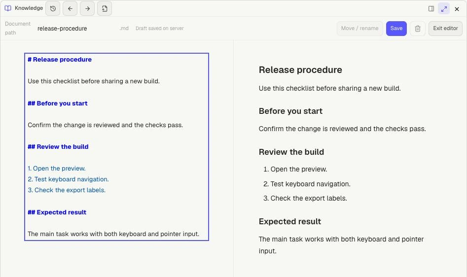 Knowledge Markdown editor showing source, live preview, Draft saved on server, Save and Exit editor.
