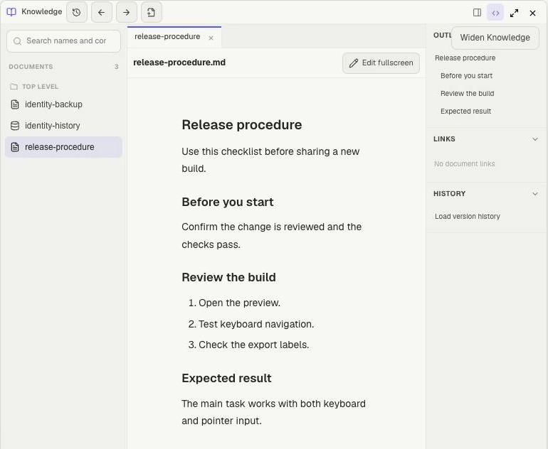 Saved Knowledge document with the document explorer, rendered release procedure, outline and history controls.