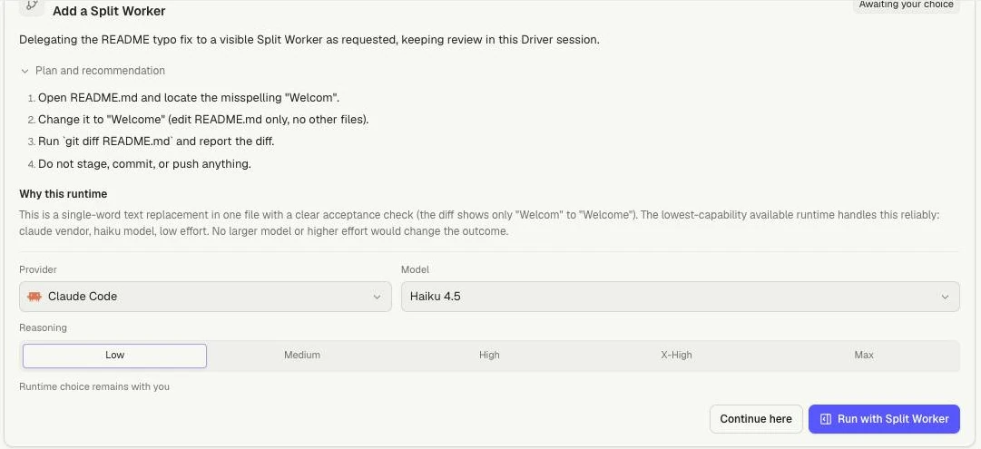 Split Worker proposal showing the plan, runtime rationale, model choices and two decision buttons.